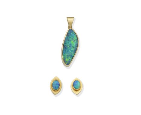 OPAL PENDANT AND EARSTUDS1st: The pendant of abstract design, set with an opal, 2nd: The earrings of navette shape, each set 