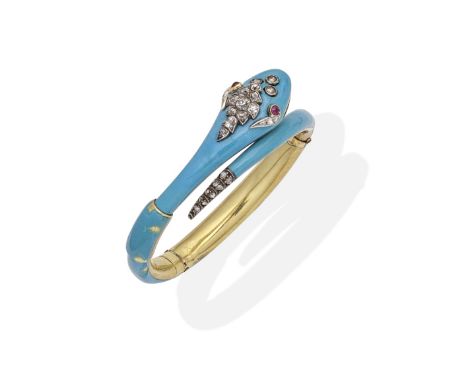 RUBY, DIAMOND AND ENAMEL-SET SERPENT BANGLE, CIRCA 1845The hinged sprung bangle designed as a coiled blue enamel serpent, set