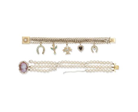 TWO GEM-SET BRACELETS1st: The three-row 6.5mm cultured pearl bracelet with agate cameo clasp in a cultured pearl and brillian
