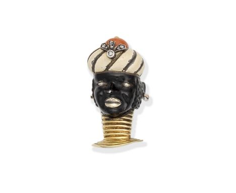 CARTIER: ENAMEL, CORAL AND DIAMOND MORETTO BROOCH, CIRCA 1930Designed as the head of a Moor, the cream enamel turban set with