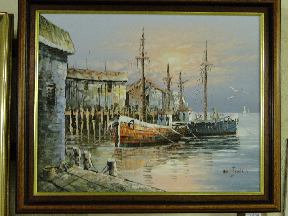 W Jones Oil On Canvas Continental Fishing Boats In Harbour Framed