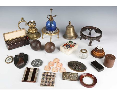 A mixed group of collectors' items, including an Indian hardwood and brass dominoes box with cribbage board lid, a set of six