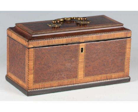 A good George III burr yew tea caddy, the pagoda shaped lid and sides with kingwood crossbanded borders and chequer stringing