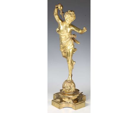 Ernest Rancoulet - 'La Nuit Tout Repose', a late 19th century French gilt bronze figural table lamp, finely cast as a young f