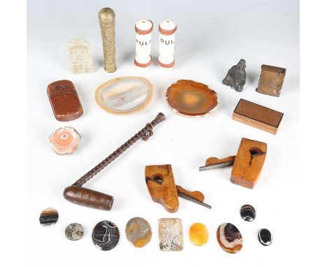A mixed group of collectors' items, including a 19th century African wooden smoking pipe, inlaid with pewter stars, length 21
