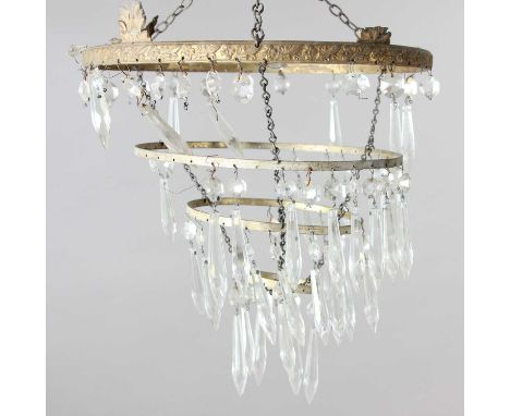 Two gilt metal and cut glass ceiling lights and a quantity of cut glass drops and other light fittings.