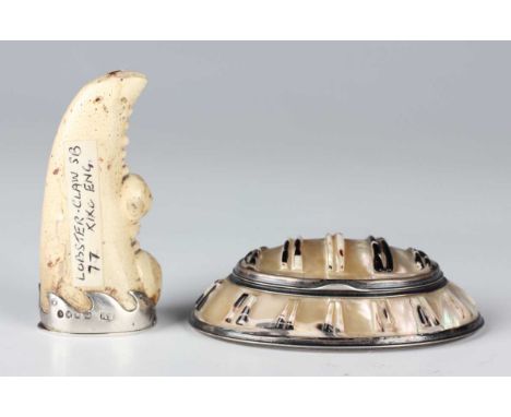 A late Victorian silver mounted lobster claw snuff box, London 1883 by Sampson Mordan, length 6cm, together with a Victorian 