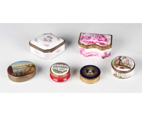A group of six mainly 19th century Continental porcelain patch boxes, including one painted with a titled view of Hamburg, wi
