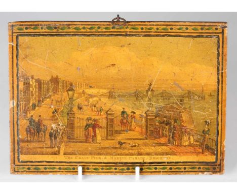 An early 19th century Tunbridge ware rectangular panel, decorated with a coloured engraving of 'The Chain Pier &amp; Marine P