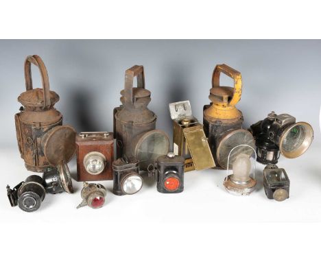 A group of automobile and railway lamps, including a Miller &amp; Sons brass cased railway carriage lamp, a Joseph Lucas Ltd 
