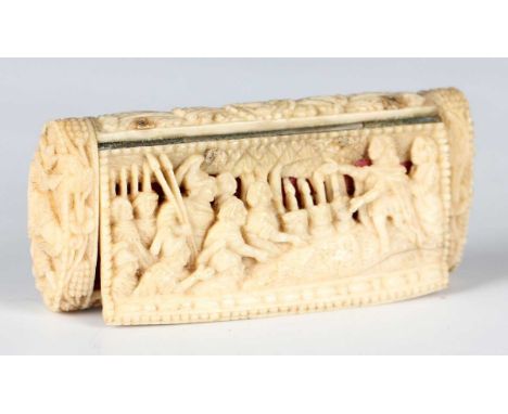 A late 18th/early 19th century carved bone snuff box, possibly French prisoner-of-war, the hinged lid decorated with two figu