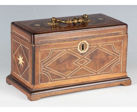 A good George III walnut and ivory inlaid tea caddy, the hinged lid with gilt bronze handle, width 26cm. Note: a non-transfer