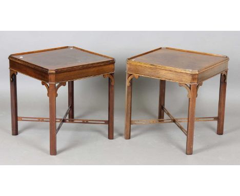 A pair of late 20th century reproduction mahogany square lamp tables with canted corners and block legs, height 56cm, width 5