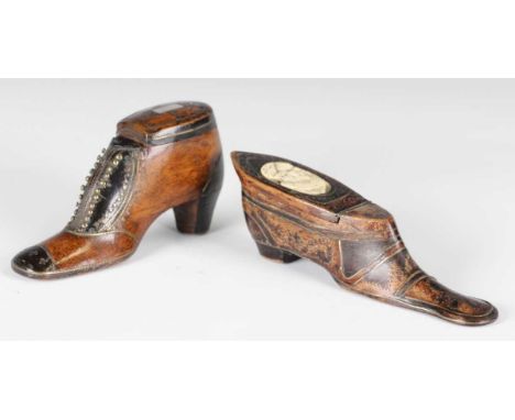 A mid-Victorian mahogany novelty shoe snuff box with brass line and stud decoration, the sole dated '1876', length 10cm, toge
