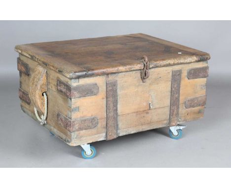 A late 19th century pine and steel bound seaman's trunk, height 52cm, width 88cm, depth 68cm.