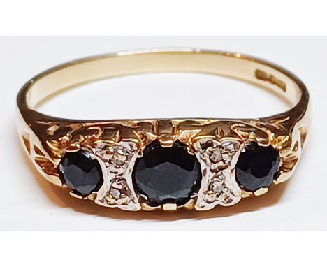 9CT GOLD 3 STONE SAPPHIRES AND DIAMONDS RING 2g SIZE P
THIS ITEM IS IN SECURE OFF-SITE STORAGE, VIEWING BY APPOINTMENT ONLY