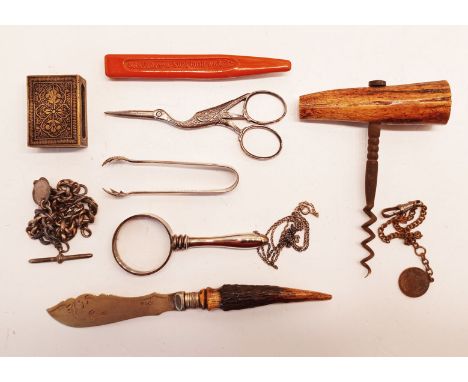 STORK EMBROIDERY SCISSORS, WATCH CHAIN, TONGS, MAGNIFIER, HORN CORKSCREW ETC