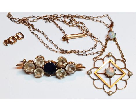 9CT GOLD OPAL AND SEEDED PEARL PENDANT WITH GOLD A 17" CHAIN HALLMARKED 15K 3.1g, AN ANTIQUE UNMARKED BROOCH WITH BLUE AND WH