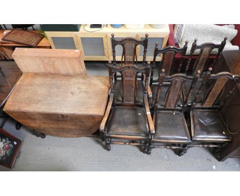 Set of 6x Oak Cane Back Chairs (2 of which are Carvers) and Oak Barley Twist Gate Leg Table 