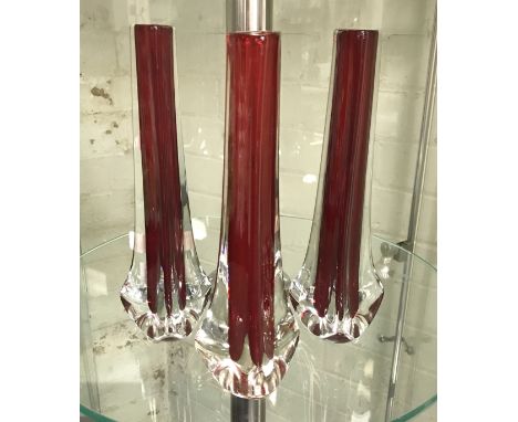 SET OF 3 WHITEFRIARS GEOFFREY BAXTER RUBY GLASS STEM VASES EACH 24CMS (H)