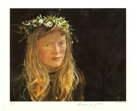 Artist: Andrew Wyeth (American, 1917-2009). Title: "Crown of Flowers [Helga]". Medium: Color offset lithograph. Date: Compose