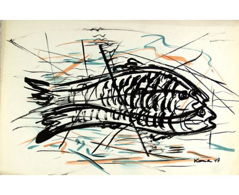 Artist: Jaled Muyaes (Chilean/Mexican, 1921 - 2007). Title: "Two Fish". Medium: Ink and watercolor. Date: Composed 1949. Dime
