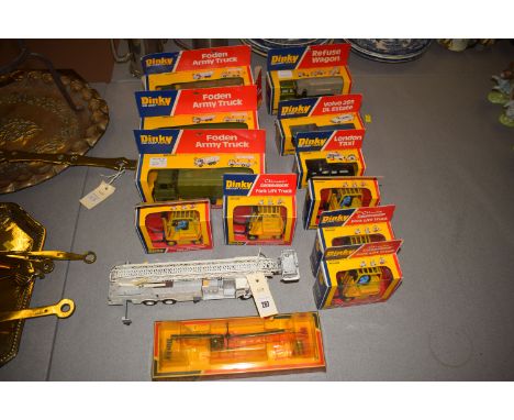 A collection of 1970's Dinky die-cast toys, in original boxes, comprising: fork lift truck; Foden army truck (3); refuse wago