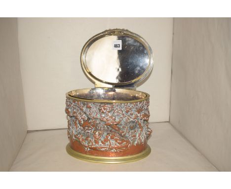 A Victorian Elkington style electrotype oval tea caddy, classical style boating scenes (heavily rubbed and worn), metal mount