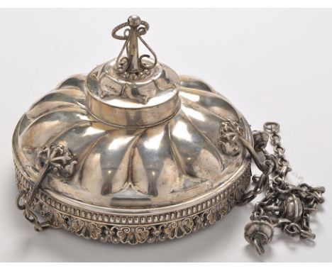 A 19th Century plate-on-copper hanging sanctuary light, of spirally fluted embossed form, with shell and scroll border suspen
