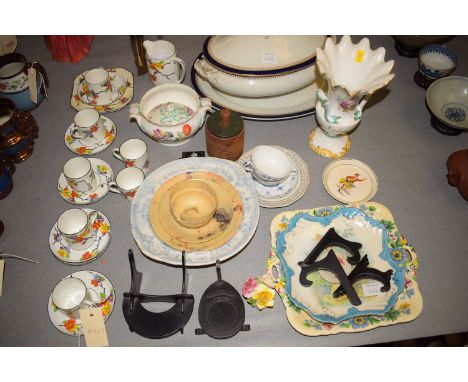 A Foley China part coffee set, comprising: cream, coffee cans, saucers and sandwich plate; a Victorian treen stand and cover 