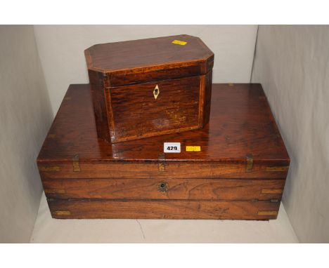 A Victorian teak and brass inlaid writing slope with fitted interior; together with a Georgian 'plum pudding' mahogany veneer