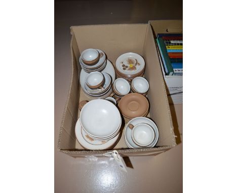 A Denby part dinner service to include; cups and saucers, side plates; cereal bowls; oval plates; etc.