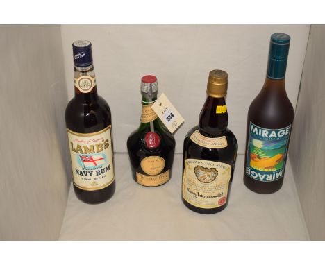 A bottle of Benedictine; Lamb's Navy Rum; Blended Scotch Whisky by Wimpy International Limited; and Mirage Extra Dry.  (4)