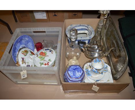 A Shelley jug, cup, saucer, plate and tea plate, pattern No. W12025/W; a silver plated tea pot; together with three decanters