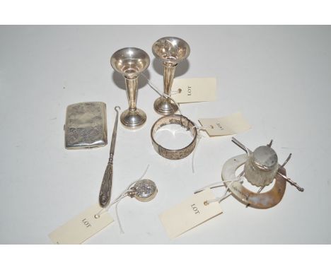 Silver items, to include: a cigarette case; a pair of vases; a bangle; and other miscellaneous items.
