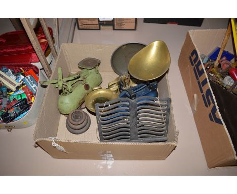 A pair of W. & T. Avery Ltd. blue painted kitchen scales, with brass pans; together with brass and cast metal weights; a set 