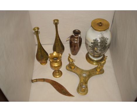 Asian brass ware, to include: a pair of slender neck vases; a Japanese vase converted to a lamp; etc.