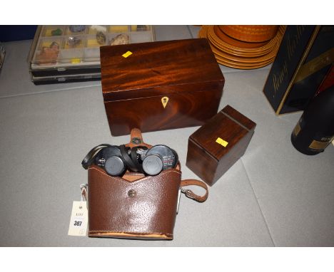 A pair of Swift Apollo 8 x 30 binoculars, in leather carrying case; a rectangular mahogany box with hinged cover; and part of