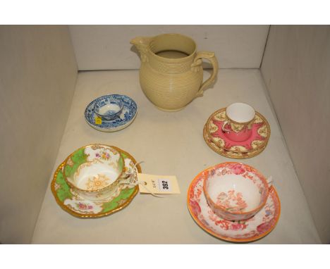 A 19th Century Gilicon ware jug; four specimen cups and saucers by Worcester, Coalport; and others.