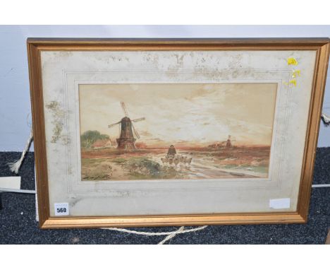A watercolour, by Thomas Swift Hutton - A shepherd and his flock with windmills in the distance, signed.