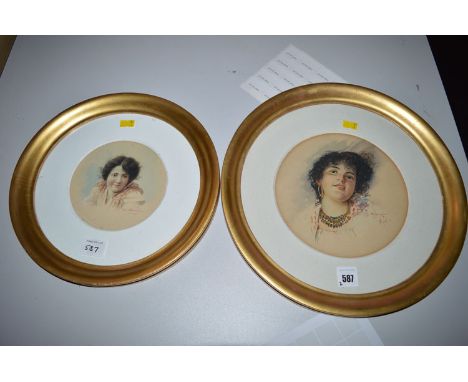 19th Century Neapolitan watercolours - portrait of a lady with hoop earrings and necklace, by Gelaze, signed; together with a