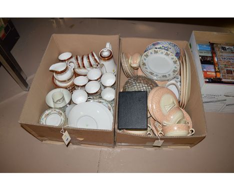 A Burleigh ware part dinner service, with peach swirly edge, comprising: side plates, dinner plates, meat plates, tureens, de