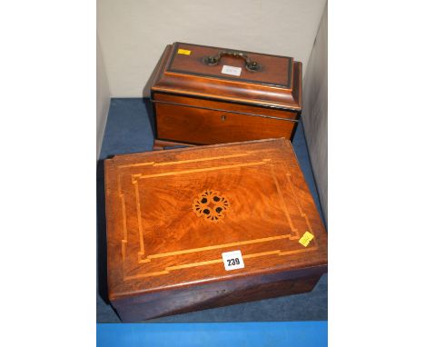 A 19th Century mahogany tea caddy, with ebony banding and satinwood moulding, fitted brass handle to cover; together with a V