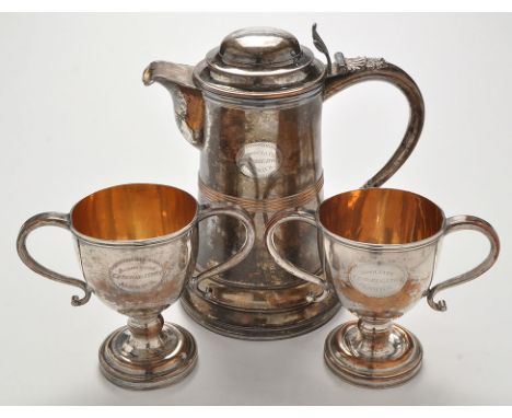 A pair of first half 19th Century two-handled old Sheffield cups, urn-shaped, each with cartouche engraved 'Associate Congreg