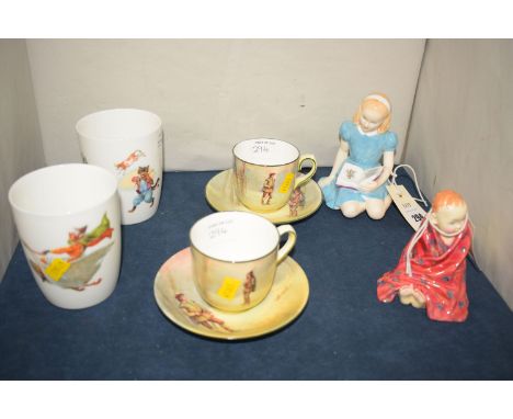 Two Royal Doulton figures 'Alice' and 'The Little Pig', HN1793; a pair of Royal Doulton nursery rhyme cups; and two teacups a