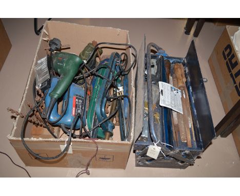 A Bosch 450 watt drill; together with a Bosch jigsaw; six metal G clamps; a metal tool box containing a variety of tools; etc