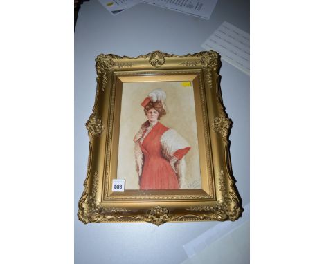 A watercolour, by G. Bateman - portrait of an Edwardian lady in red overcoat and ermine stole, signed and dated 20/4/09.