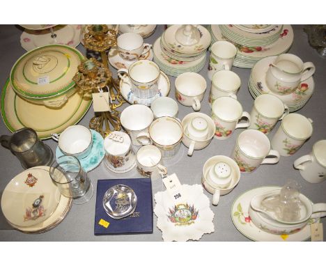 A St. Michael 'Ashbury' pattern part dinner and coffee service; commemorative ceramics; a pair of brass candlesticks; sundry 