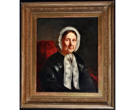19th Century British School oil painting - portrait of a lady wearing a lace bonnet.