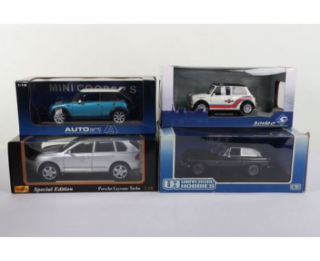 Four Boxed Diecast 1:18 Scale Models, Solido Mini Cooper Sport Martini Evocation 1998, Universal Hobbies MGB GT V8, black bod